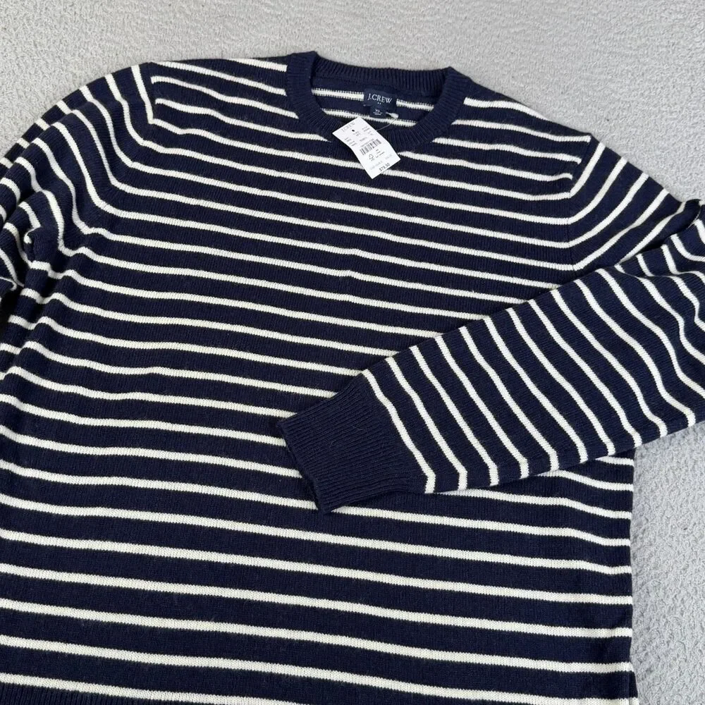 J CREW Sweater Men XL Navy Cream Striped Lambswool Blend Crew Neck Knit Pullover